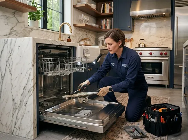 Appliance Repair Hero technician servicing a built-in dishwasher in a Andreas, PA kitchen