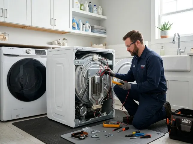 Appliance Repair Hero technician checking a dryer heating element with the rear panel off in Andreas, PA