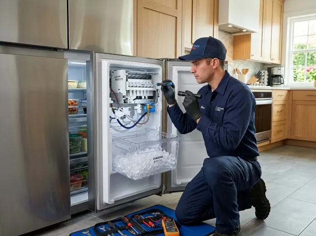 Appliance Repair Hero technician repairing a refrigerator ice maker in Andreas, PA