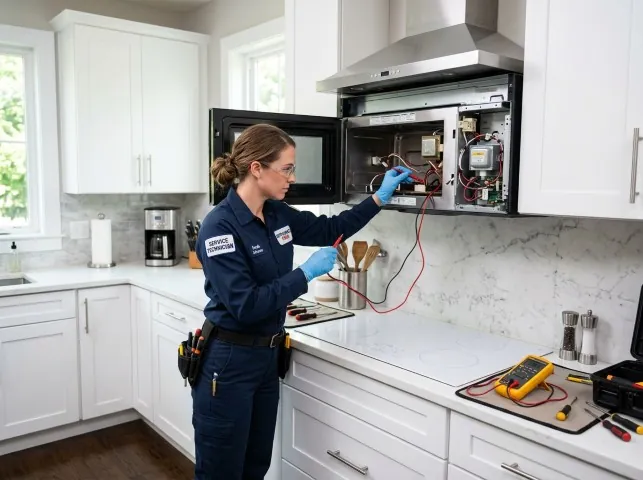 Appliance Repair Hero technician testing an over-the-range microwave in a Andreas, PA kitchen
