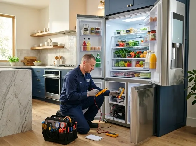 Appliance Repair Hero refrigerator technician testing a fridge on a Andreas, PA service call