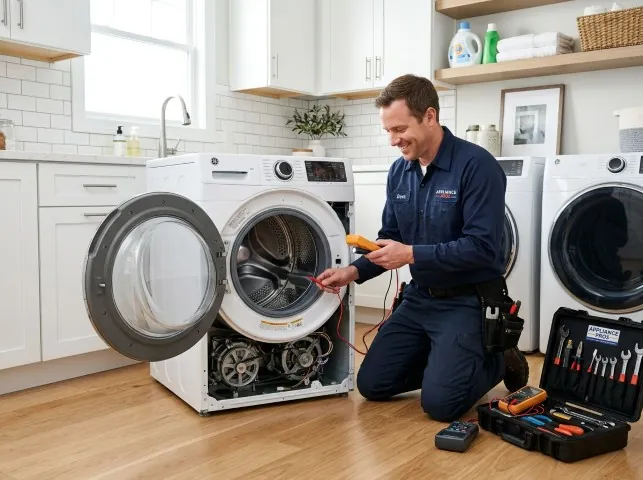 Appliance Repair Hero technician testing a front-load washer with a multimeter on a Andreas, PA service call